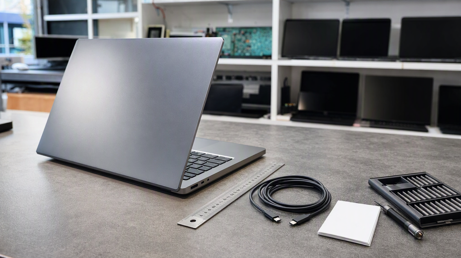 بازآفرینی ادیتوریال هوش مصنوعی از لپ‌تاپ باز، کابل USB-C، خط‌کش و ابزار کوچک روی میز بررسی