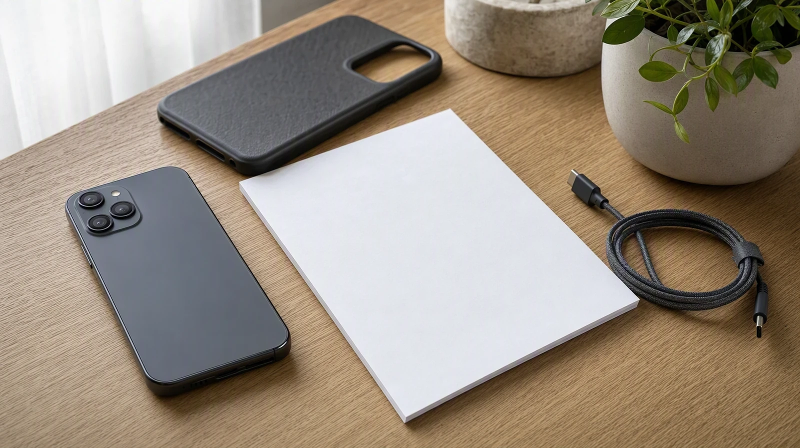 بازآفرینی ادیتوریال تولیدشده با هوش مصنوعی از گوشی تیره، قاب، کابل و برگهٔ سفید روی میز چوبی