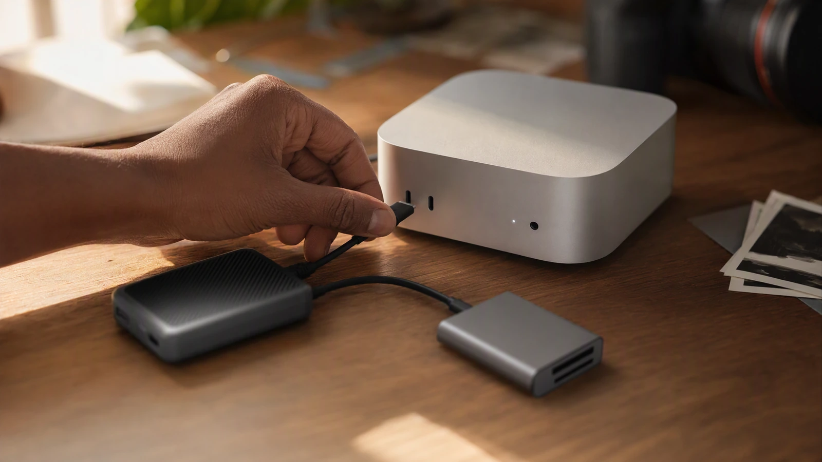 اتصال حافظه SSD و کارت‌خوان USB-C به رایانه رومیزی کوچک در میز عکاسی